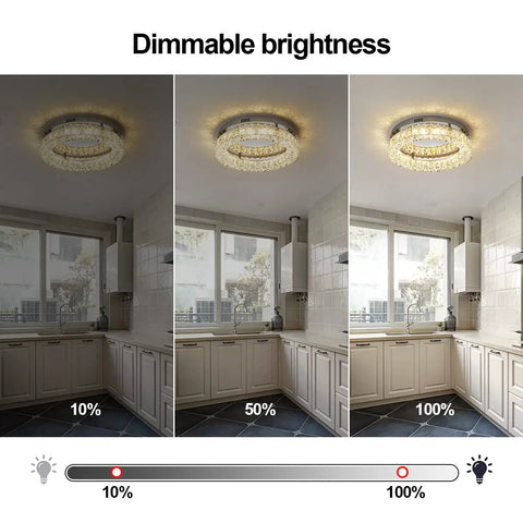 Crystal Chandelier LED Ceiling Light 16 Inch Flush Mount dimmable in kitchen, showing brightness levels at 10%, 50%, 100%.
