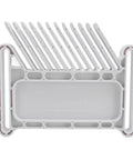 Adjustable Featherboard With Dual Safety Lock For Table Saw Router And Band Saw Plugs Straight Into 3/4 And 3/8 Inch T Tracks, white ABS design with feed direction arrows.