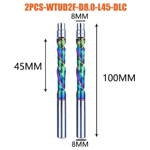 Premium DLC Coated Carbide Router Bits Featuring Guide Bearing Six Millimeter Shank Dual Flute Spiral Profile Flush Trim Woodworking Accessory Built Like A Tank Cuts Smooth As Silk For Killer Shop Jobs Two Pack, measurement details shown.