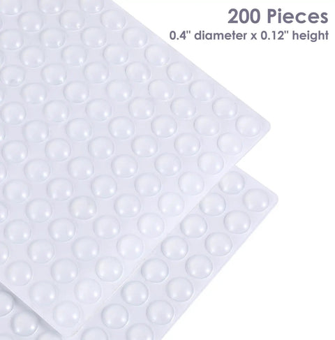 Premium Clear Silicone Cabinet Door Bumpers 200 Pack 0.4 Inch Round Self Adhesive Furniture Pads on sheet, showing clear round pads.