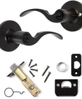 Monterey Lever Privacy Door Handle Set in Aged Oil Rubbed Bronze Finish with hardware and components visible