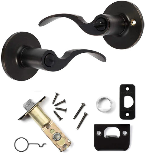 Monterey Lever Privacy Door Handle Set in Aged Oil Rubbed Bronze Finish with hardware and components visible