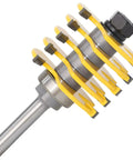 Adjustable Box Joint Router Bit With Five And Three Flutes And Half Inch Shank, silver and yellow, designed for precision wood tenon joinery.