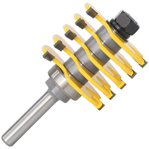 Adjustable Box Joint Router Bit With Five And Three Flutes And Half Inch Shank, silver and yellow, designed for precision wood tenon joinery.