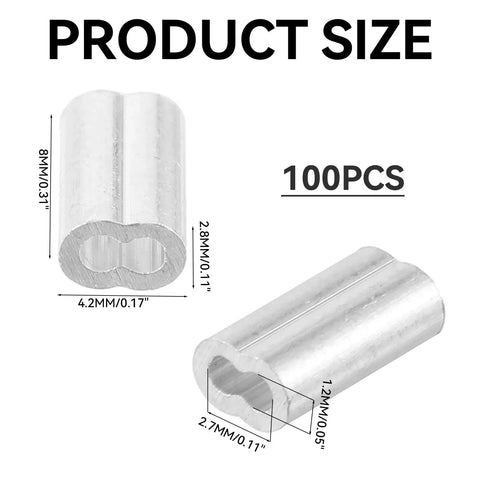 Heavy Duty Aluminum Crimp Sleeve Kit, 100 Pcs Double Barrel Cable Ferrules For Wires And Ropes, One Thirty Second Inch Diameter, End Sleeves For Cables And Line Ends, Quick Crimping For DIY Projects And Marine Gear, product size diagram