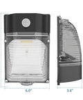 30W LED Wall Pack With Dusk To Dawn Sensor, 3600LM Ultra Bright in Rugged Aluminum Housing, front and side view, dimensions shown
