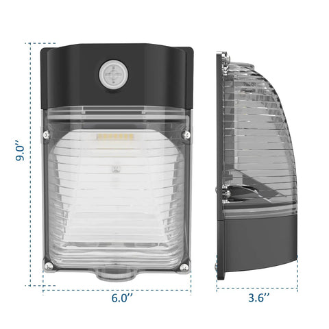 30W LED Wall Pack With Dusk To Dawn Sensor, 3600LM Ultra Bright in Rugged Aluminum Housing, front and side view, dimensions shown
