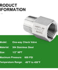 One-way stainless steel check valve, 304 SS, 1/2 in NPT male x female threaded ends