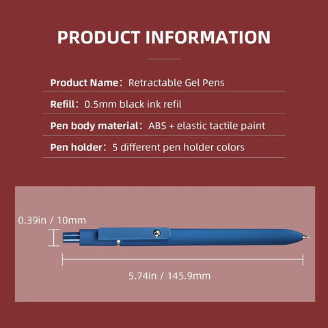 Gel Pens Set Of 5 0.5mm Fine Point For Smooth Writing, Cute Vintage Black Ink Pens For Journaling And Note Taking, Blue Pen Dimensions