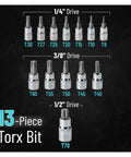 Heavy Duty 13PC Torx Star Bit Socket Set With T8 To T70 Drive Sizes For 1/4 3/8 And 1/2 Inch Impact Tools Rustproof Chrome Vanadium Steel, 13-piece socket set shown by drive size