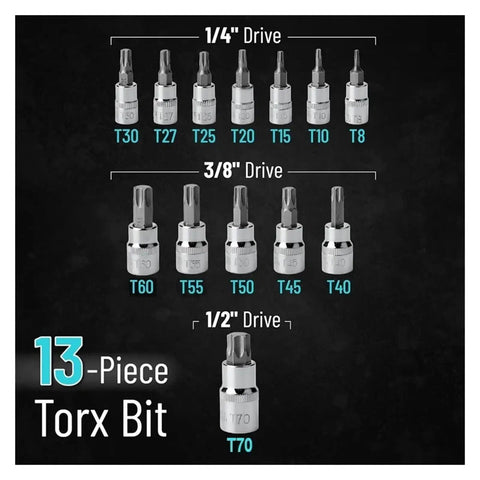 Heavy Duty 13PC Torx Star Bit Socket Set With T8 To T70 Drive Sizes For 1/4 3/8 And 1/2 Inch Impact Tools Rustproof Chrome Vanadium Steel, 13-piece socket set shown by drive size