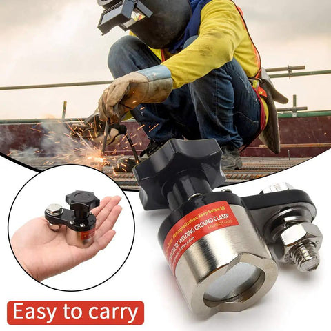 Beefy Magnetic Welding Ground Clamp 200A With Switchable On Off Control in hand, showcasing compact size and portability