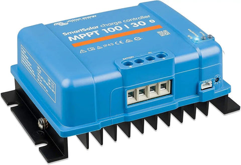 SmartSolar MPPT Charge Controller with Bluetooth for 100V 12/24V systems, 30 Amp output, blue compact design, top view