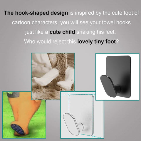 Adhesive Hooks 4 Pack Towel And Coat Hooks with cartoon foot design in matte black for wall mounting, cute and functional.