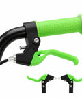 Green Universal Kids Bicycle Brake Levers Set, Easy Grip Pair For Small Hands on black handlebar, Lightweight and Durable Replacement Levers.
