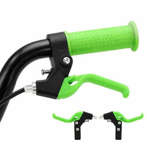 Green Universal Kids Bicycle Brake Levers Set, Easy Grip Pair For Small Hands on black handlebar, Lightweight and Durable Replacement Levers.