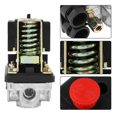 Air Compressor Pressure Switch With Red On Off Knob Durable Four Port Inlet Easy Install High Performance PSI Control