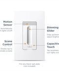 Smart Dimmer Switch For Your Smart Home System, Level Up Your Lighting With Easy Dimming, Works With Alexa Google Assistant Apple HomeKit Hue LIFX SmartThings TP-Link Wemo And More, Quick Setup And Voice Control Ready showing motion sensor, dimming slider, scene control, capacitive touch