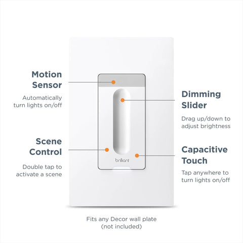 Smart Dimmer Switch For Your Smart Home System, Level Up Your Lighting With Easy Dimming, Works With Alexa Google Assistant Apple HomeKit Hue LIFX SmartThings TP-Link Wemo And More, Quick Setup And Voice Control Ready showing motion sensor, dimming slider, scene control, capacitive touch