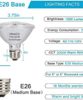 Heavy Duty Par30 Short Neck Flood Bulb Cranks Out A Bold 1000 Lumens Of Smooth 3000k Warm White Glow For Living Rooms And Driveways With Standard E26 Sockets diagram with dimensions and lighting facts.