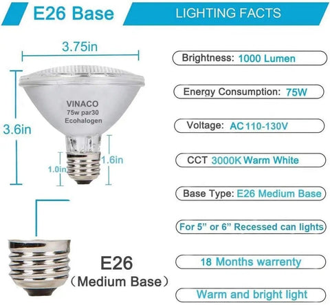 Heavy Duty Par30 Short Neck Flood Bulb Cranks Out A Bold 1000 Lumens Of Smooth 3000k Warm White Glow For Living Rooms And Driveways With Standard E26 Sockets diagram with dimensions and lighting facts.
