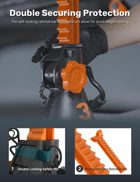 ROADTEK 3-Ton jack stands, orange and black with integrated steel base; double-locking ratchet, 1 pair (close-up)