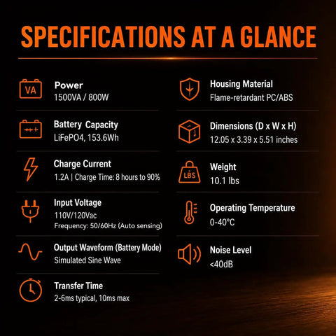 Specifications overview for Rock Solid 1500VA 800W UPS Battery Backup And Surge Protector including power, dimensions, and weight.