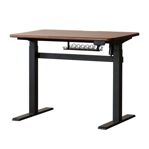 Real Deal Solid Rubber Wood Electric Sit Stand Desk With Rich Walnut Top And Clean Cable Clips, adjustable height, ergonomic design.