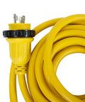 Beefy 25 Ft 30 Amp 125V RV Power Cord Marine Grade Yellow L5-30P To L5-30R coiled with locking plug detail
