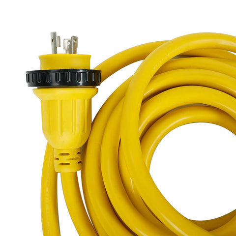Beefy 25 Ft 30 Amp 125V RV Power Cord Marine Grade Yellow L5-30P To L5-30R coiled with locking plug detail