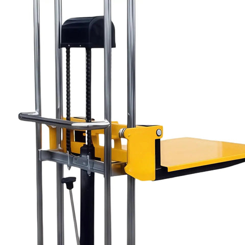 Pro Grade Heavy Duty Hydraulic Pallet Jack Stacker With Removable Cover Plate and Ridiculously Smooth Rolling Universal Wheels for Warehouse Hauls, close-up of lifting mechanism.