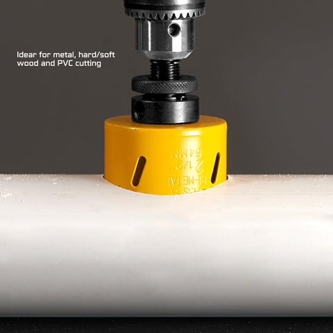 Bi-Metal Hole Saw Kit 7-Piece Set with mandrel cutting into PVC pipe