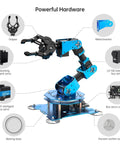 Six-axis full-metal robotic arm kit with blue aluminum frame, gripper, base, and servo controller.