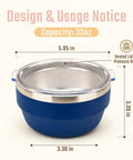 Hella Solid 32 Oz Double Wall Vacuum Insulated Stainless Steel Bowl With Tight Seal Silicone Lid showing dimensions and vented lid.