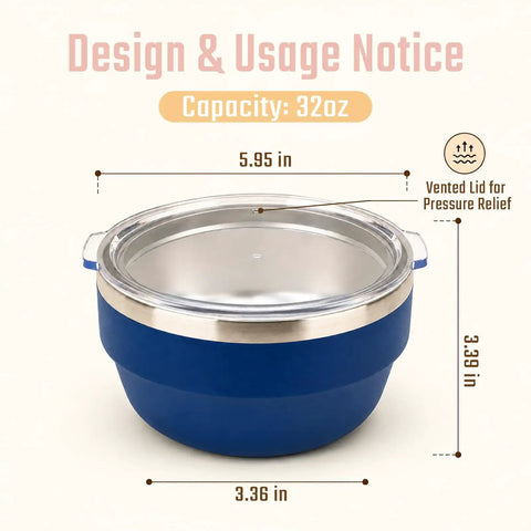 Hella Solid 32 Oz Double Wall Vacuum Insulated Stainless Steel Bowl With Tight Seal Silicone Lid showing dimensions and vented lid.