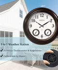 24 Inch Self Illuminated Outdoor Clock With Weather Station Thermometer And Hygrometer Waterproof Metal Clock In Oil Rubbed Bronze Finish Modern Farmhouse Style Night Light Auto Brightness Sensor outdoors on house wall