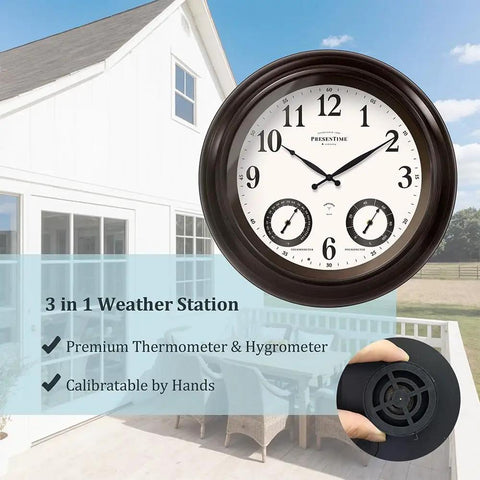 24 Inch Self Illuminated Outdoor Clock With Weather Station Thermometer And Hygrometer Waterproof Metal Clock In Oil Rubbed Bronze Finish Modern Farmhouse Style Night Light Auto Brightness Sensor outdoors on house wall