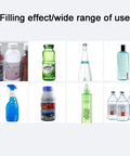 Filling effect of various bottles showcasing Heavy Duty Pneumatic Liquid Filling Machine Single Head Automatic Bottle Filler Hella Precise For 500 To 3500 Milliliter Containers Rock Solid Stainless Steel Frame Built For Zero Hassle Commercial Production Runs.