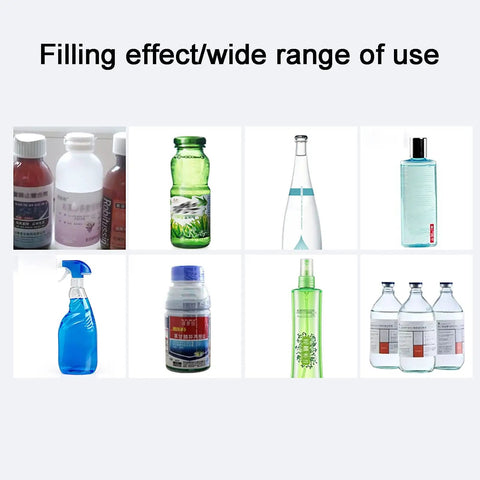 Filling effect of various bottles showcasing Heavy Duty Pneumatic Liquid Filling Machine Single Head Automatic Bottle Filler Hella Precise For 500 To 3500 Milliliter Containers Rock Solid Stainless Steel Frame Built For Zero Hassle Commercial Production Runs.