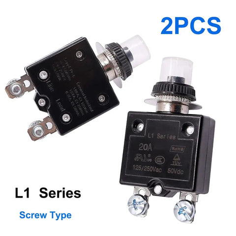 Two Pack 20A Push Button Resettable Circuit Breakers For 125 To 250V AC And 50V DC L1 Series Thermal Overload Protectors