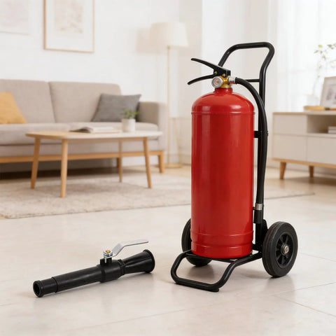 Top Shelf Fire Extinguisher Discharge Nozzle Hose With Instant Swap Spray Tip, red fire extinguisher with black hose nozzle.