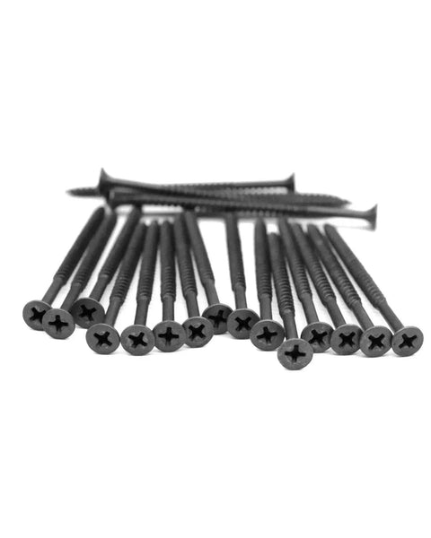 Built Tough Black Door Hinge Screws Size 8 By 2 And Three Quarter Inches Corrosion Resistant Carbon Steel Wood Fasteners showing Phillips heads
