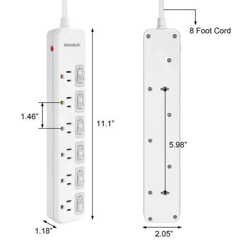 Heavy Duty 6 Outlet Power Strip With Individual On Off Switches, 8 Foot Flat Plug Extension Cord, Safe Surge Protector
