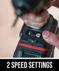 Close-up of hand adjusting 2-speed settings on 2-Tool Cordless Drill Driver And 1 Quarter Inch Hex Impact Driver Kit With Brushless 20V Power PWRCore 20 2.0Ah Battery PWR Jump Charger Ready For Tough Jobs And DIY Projects