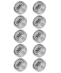 Pack of 10 S624ZZ stainless steel bearings 4x13x5mm for skateboards, roller skates, longboards, and quad skates arranged vertically.