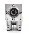 Front view of worm gearbox speed reducer NMRV-030, 11mm input, 14mm output, argentate finish, ideal for NEMA23 flange and stepper servo systems.