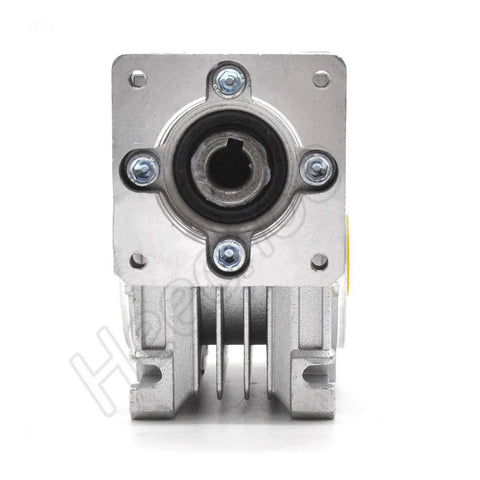 Front view of worm gearbox speed reducer NMRV-030, 11mm input, 14mm output, argentate finish, ideal for NEMA23 flange and stepper servo systems.
