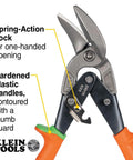 Klein Tools 2401R right-cutting offset aviation tin snips with orange handles and spring-action lock