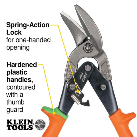 Klein Tools 2401R right-cutting offset aviation tin snips with orange handles and spring-action lock