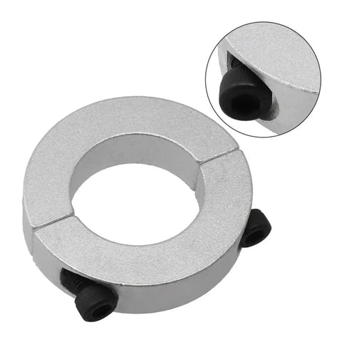 Shop Tough Rock Solid Heavy Duty Split Shaft Collar With Double Set Screw Clamp For Precision Machine Tools And Bearing Backstops In Anodized Silver 38 Mm Bore Size, showing detailed design and black set screws.